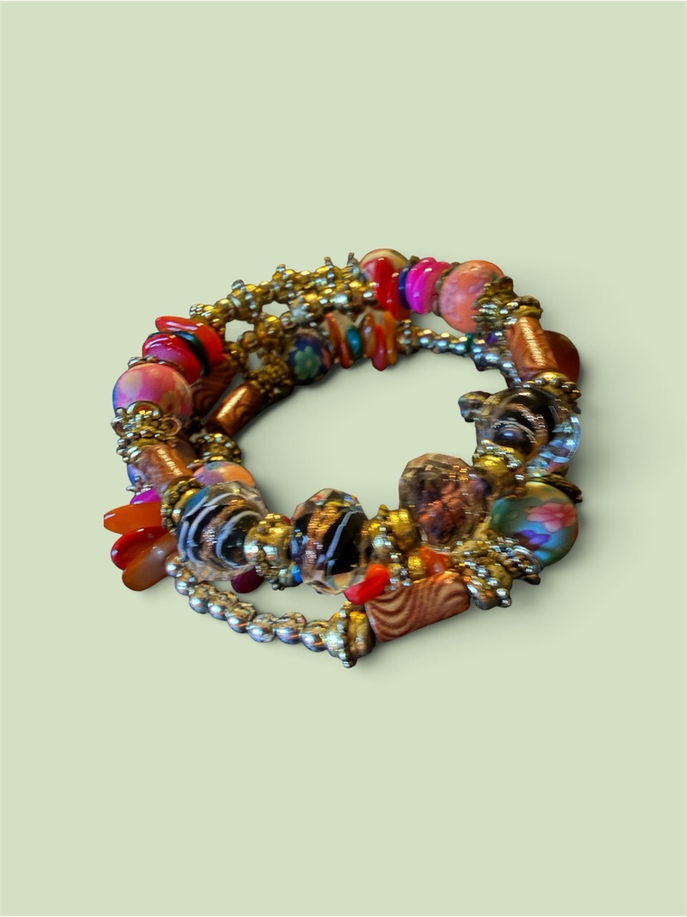 Colorful Floral Beaded Coil Memory Wire Bracelet - Picture 2 of 6
